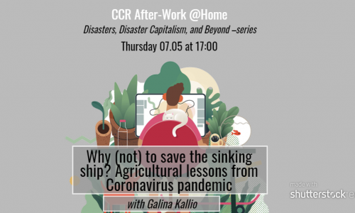 Rectangle format of CCR poster, vector man sitting at desk from back