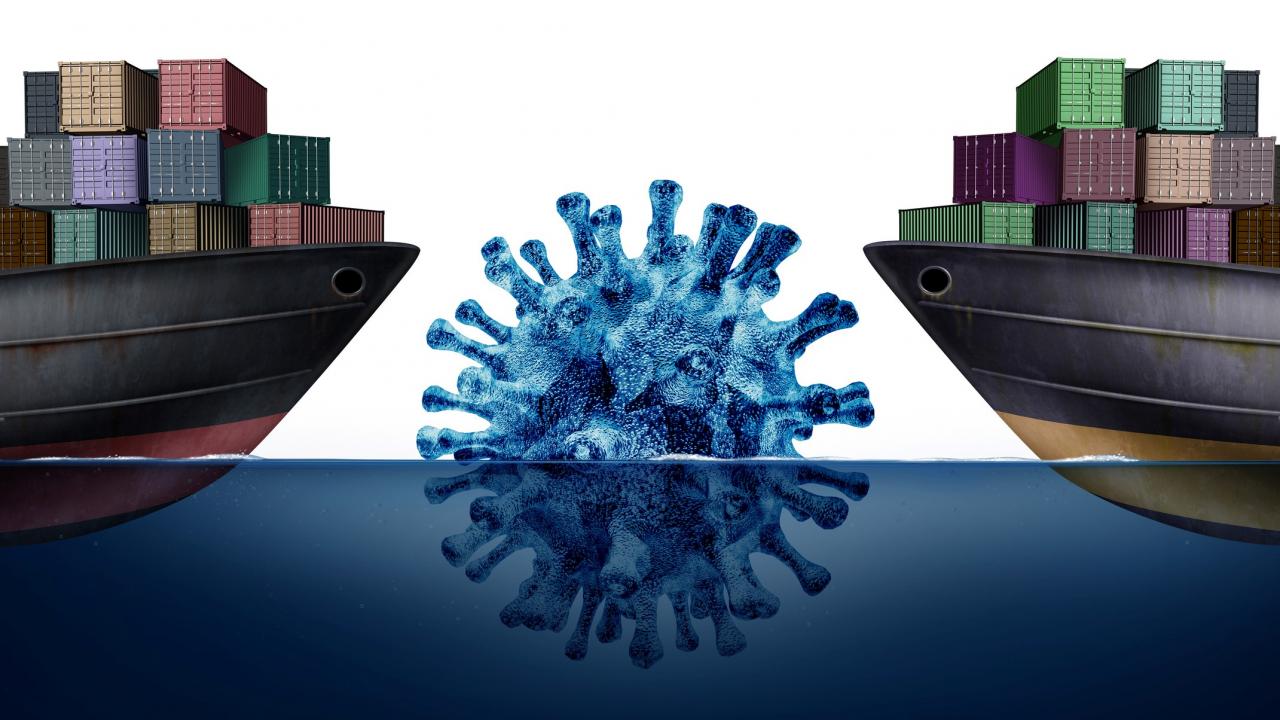 Tvålastfartyg med ett coronavirus emellan.