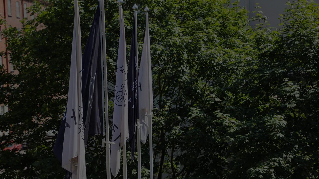 Five flags with the Hanken logo in front of trees