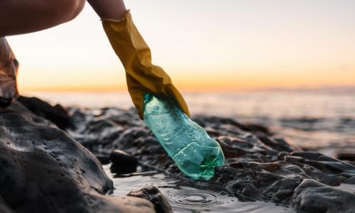 An empty plastic bottle is picked up from the sea
