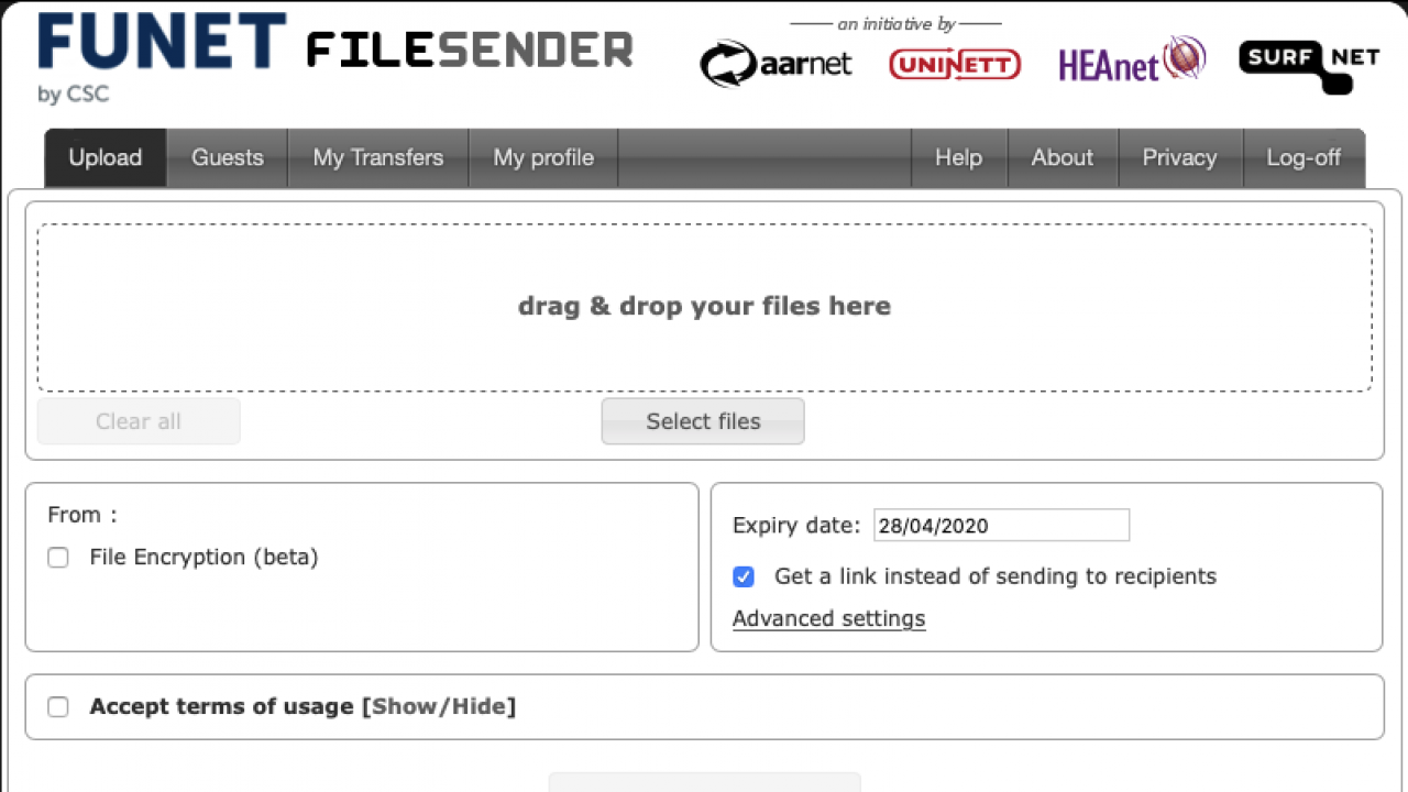 Screenshot of the Funet Filesender service