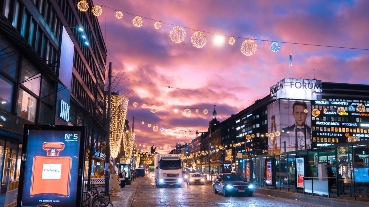 Helsinki city centre with advertisements and xmas lights