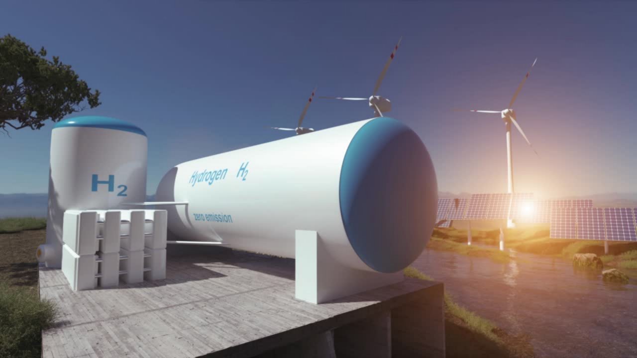 H2 containers, wind turbines and solar panels