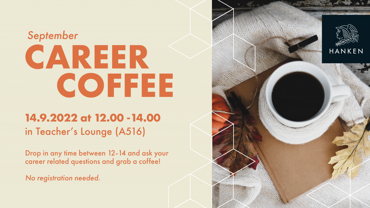 Banner för evenemanget Career Coffee med datum 14 September och bild på kaffekopp.