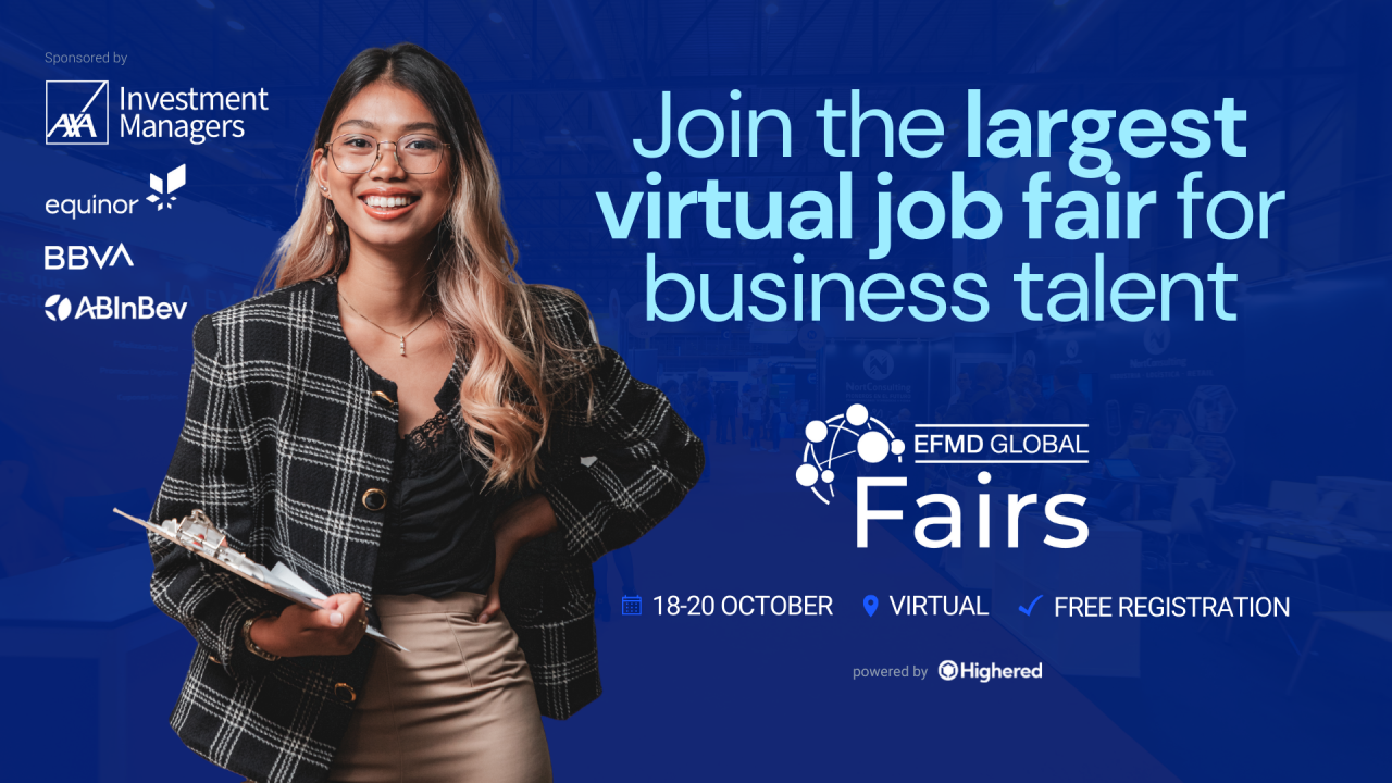 EFMD Global Fairs banner med text Join the largest virtual job fair for business talent