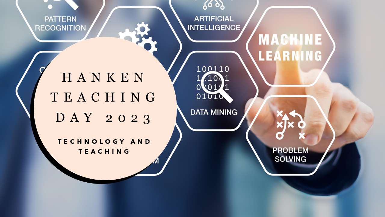 title image for Hanken teaching Day Technology and Teaching with a diagram in the background that presents artificial intelligence, machine learning, data mining and problems olving, a person is pointing a finger on the text machine learning