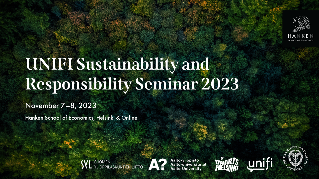 Unifi sustainability and responsibility seminar 2023 text and organisers' logos with a forest background