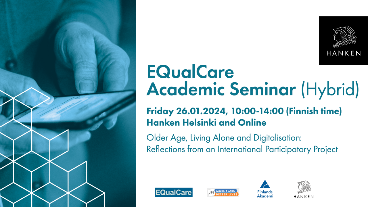 A banner with a photo of hands using a smartphone. Also text with information about EQualCare seminar. Also logos.