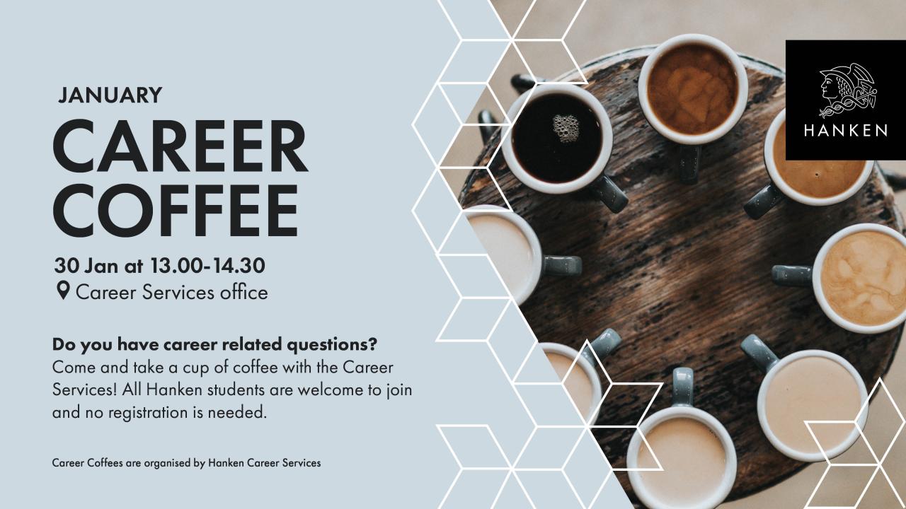 Career Coffee banner with same information as on the page and pictures of coffee