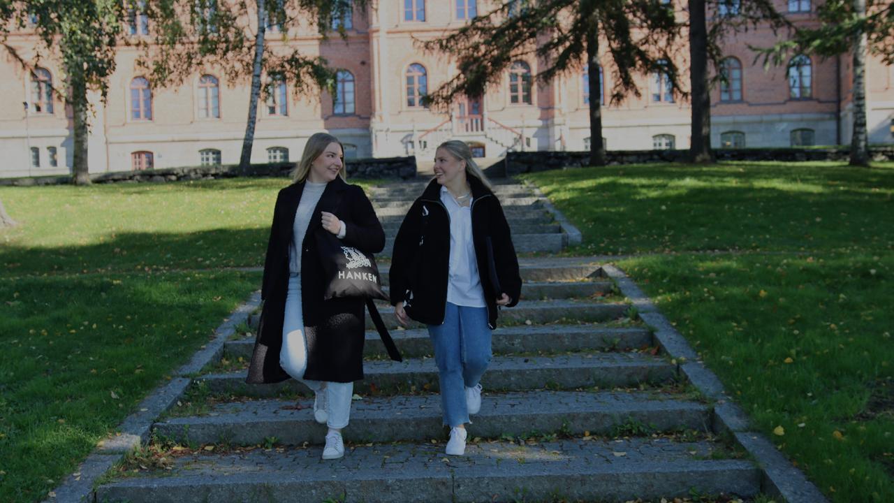Two students walking down a set of stairs outside
