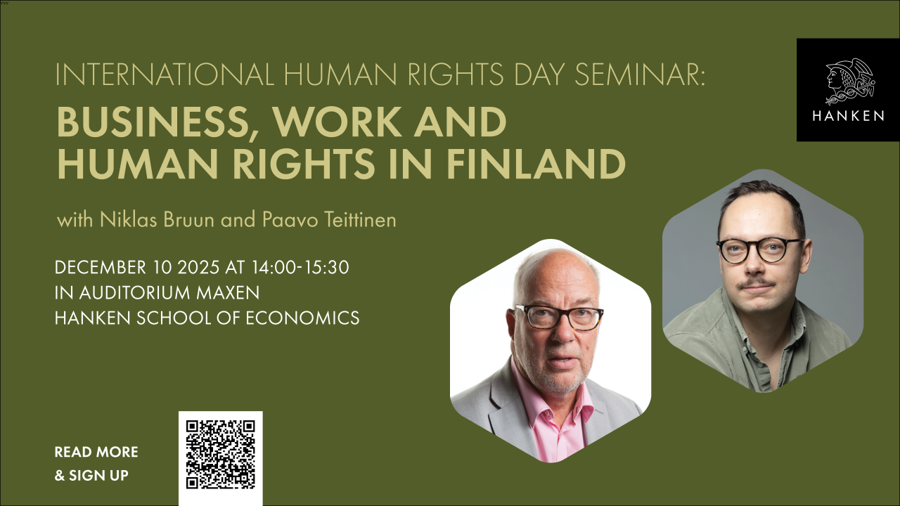 Advertisement for Business, work and human rights in Finland -seminar. Photo of Paavo Teittinen by Liisa Valonen.