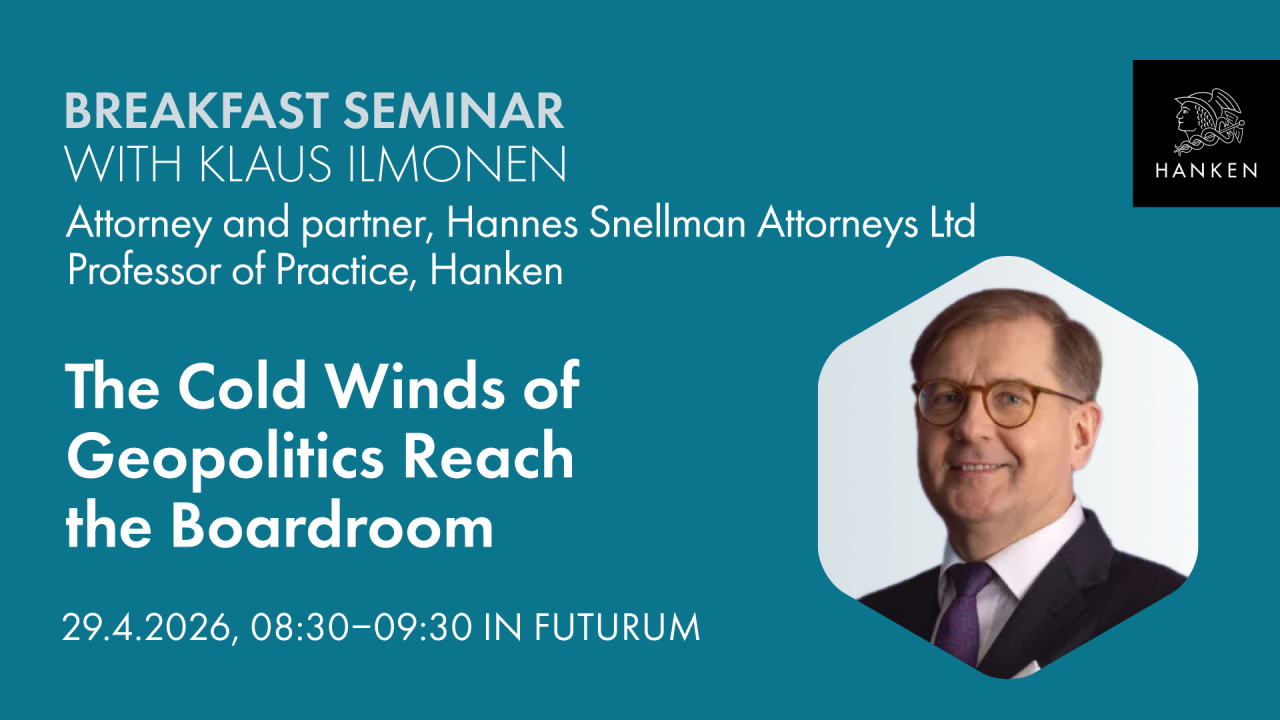 Blue background and with white letters the name of the event and picture of the speaker 