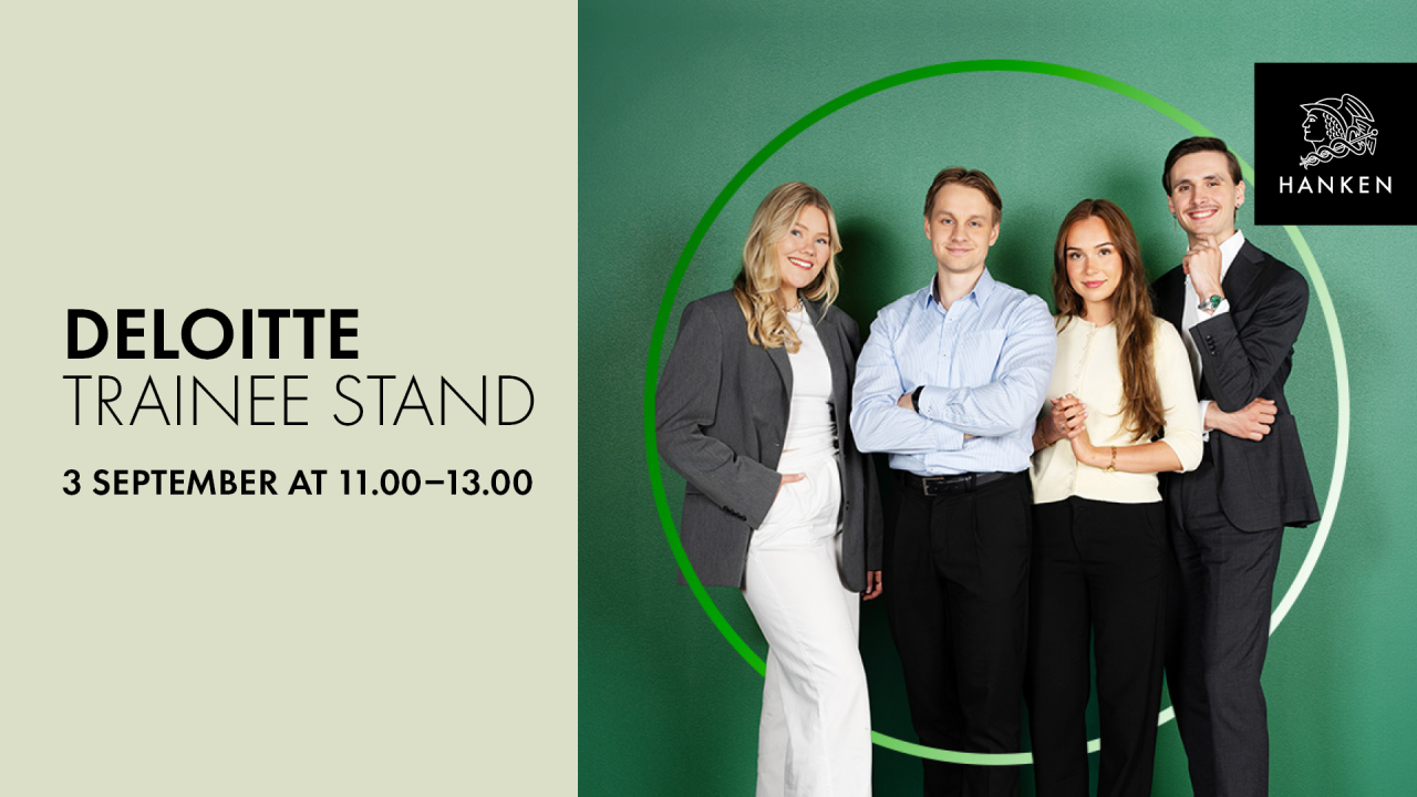 Banner med namnet och tid på evenemanget samt en bild på fyra personer som är anställda på Deloitte