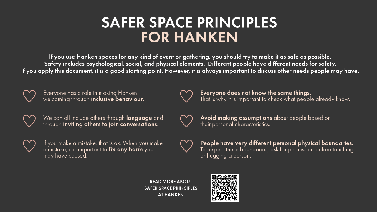 The safer space principles for Hanken described with six hearts in white text and black background