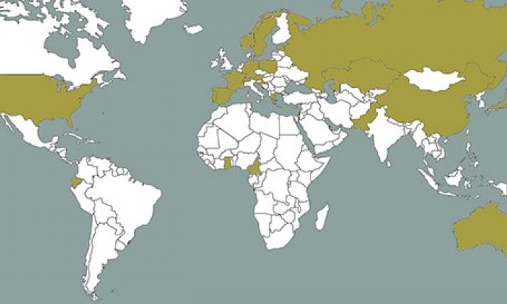 En världskarta med färger om Hankens expartiates