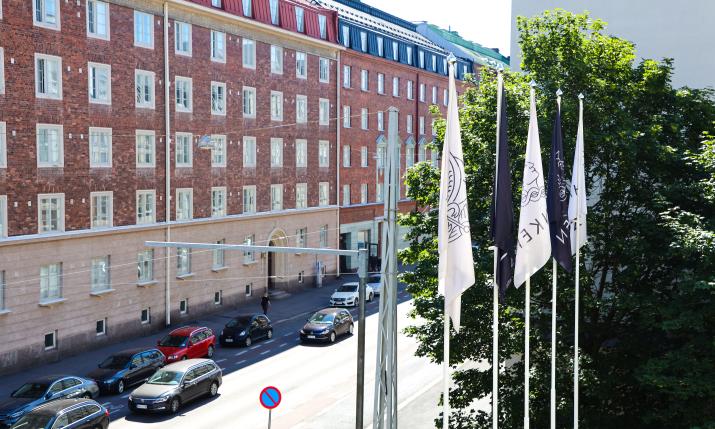 Hanken med flaggor på gården