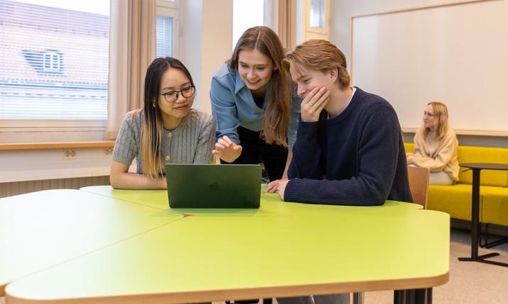 tre studerande somser på dator