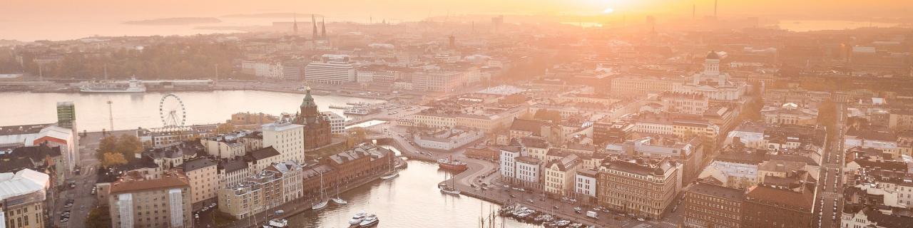 A picture of Helsinki city, houses and harbour from above