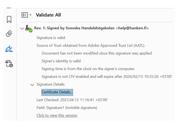 Bild på Certificate Details i Adobe
