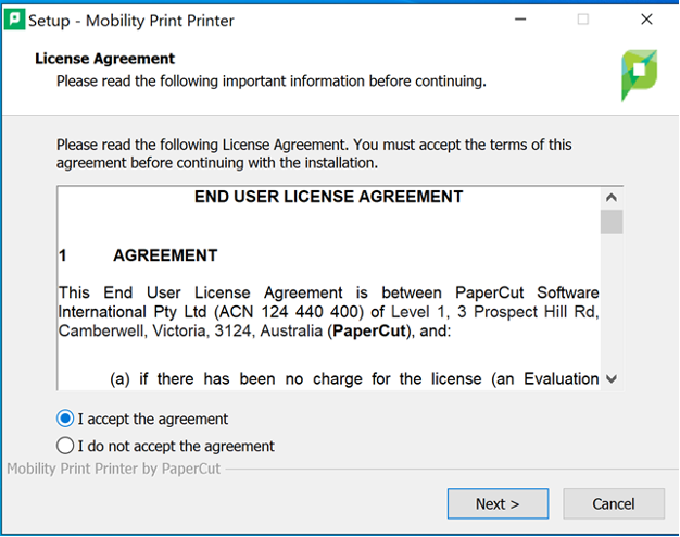 View of popup to accept Mobility Print user license