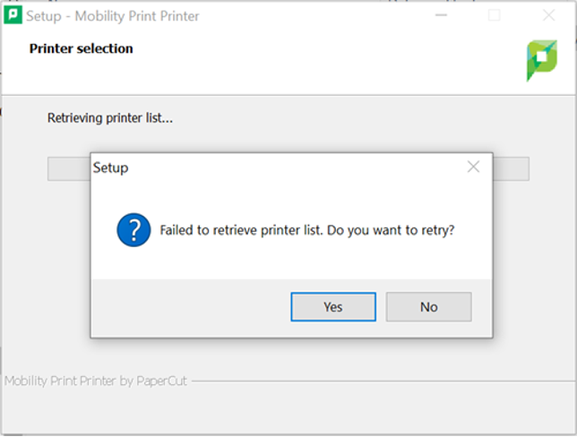 View of popup with information about printer list retrieval failure