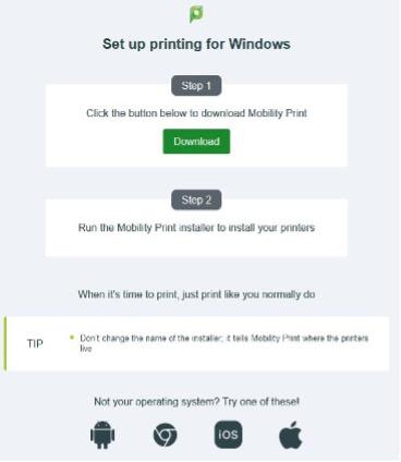 View showing steps to set up Papercut Mobility Print