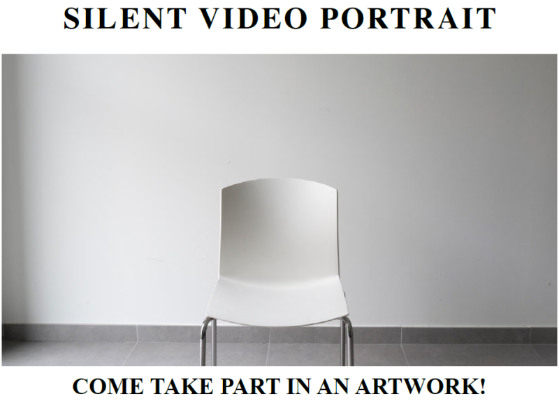 Empty chair with text Silent Video Portrait and text Come take part in an Artwork