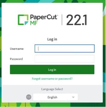 PaperCut Web Print Login view