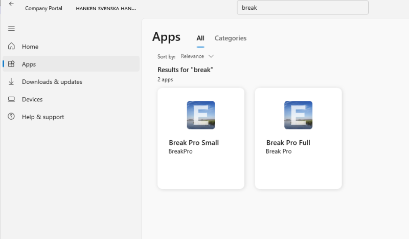 Screenshot av Company Portal fönstret med Break Pro programmen synliga.