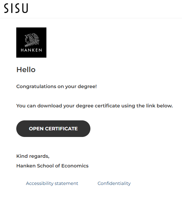 Example picture of the download page for electronic degree certificates. The picture shows a webpage with a black button stating "open certificate", which lets you download your degree certificate.