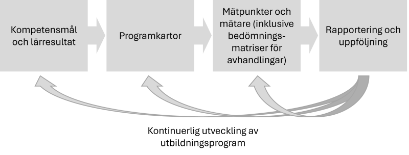 Översikt över stegen i AoL-processen: kompetensmål och lärresultat; programkartor; mätpunkter och mätare; rapportering och uppföljning.