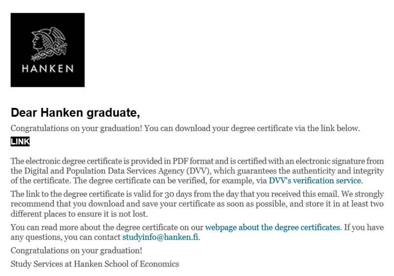Example email sent out to students upon graduation. The email contains a link to a webpage where you can download your certificate.