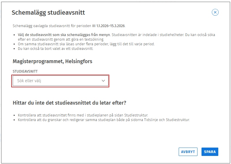 Välj studieavsnitt att schemalägga