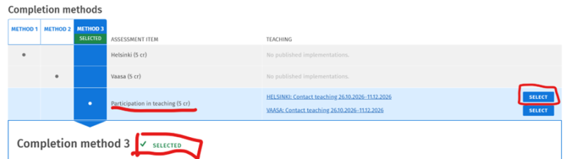 click on blue select button to select teaching option