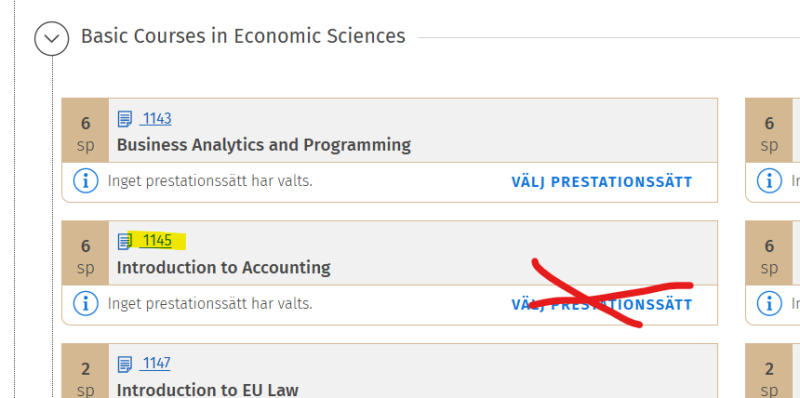 välja prestationssätt via kurskod
