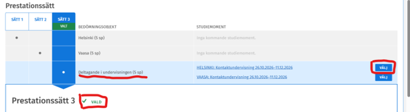 välj studiemoment genom att klicka på blåa knappen