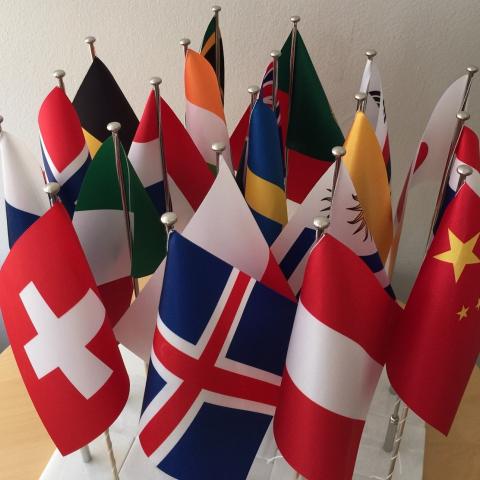 Close-up photo of flags of countries from around the world.