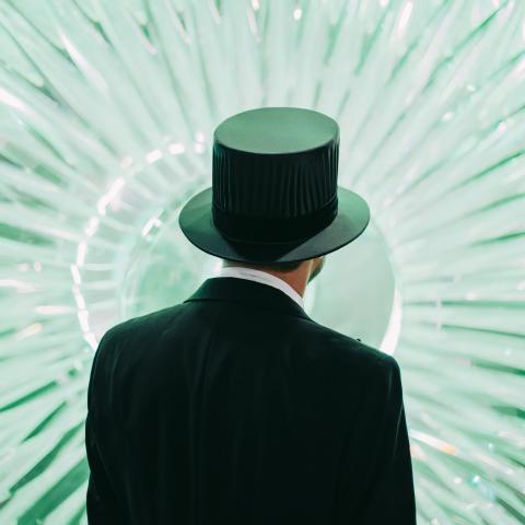 En man iklädd doktorshatt står med ryggen mot kameran framför ett konstverk.