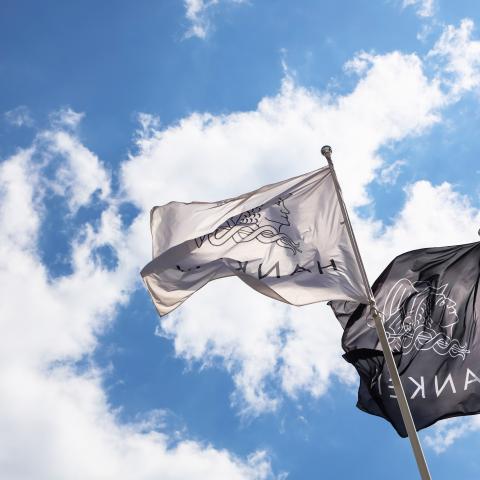 Hankens flaggor vajar i vinden mot en blå himmel med lite moln.