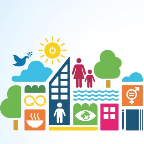 Colourful drawing with houses, trees and people