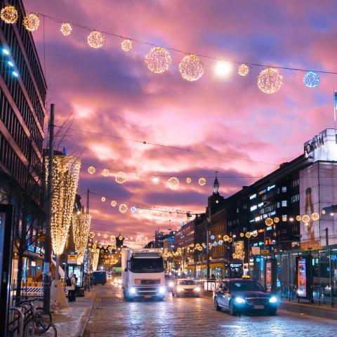 Helsinki City Centre with advertisements and xmas lights