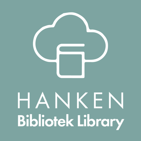 Bibliotekets logo med en bok i ett moln med texten: Hanken bibliotek Library