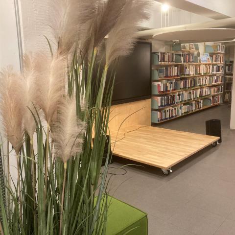Vass och monitor samt bokhylla i Hankens Venture Studio
