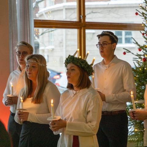 Lucia med följe sjunger framför julgran i Hankens foajé