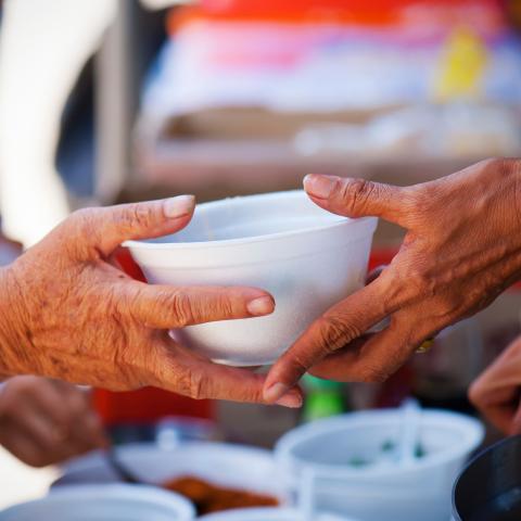 A hand reaching out for food