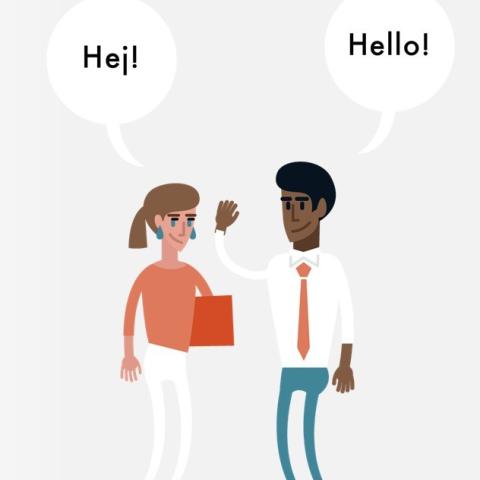 A woman and a man greeting each other in Swedish and English, respectively.