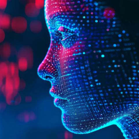 Bild av ett människorhuvud, datakod reflekteras mot huvudet.