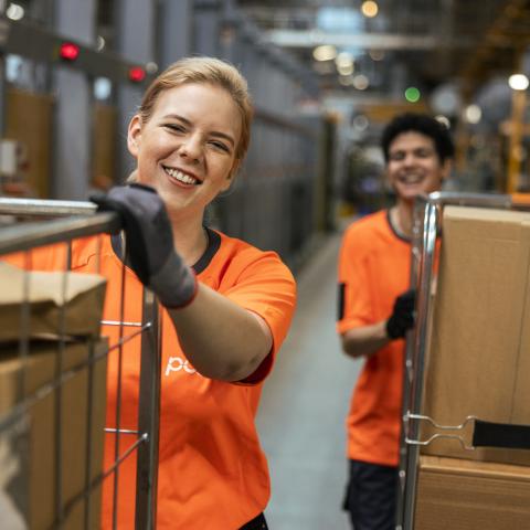 Två personer som transporterar paket i en lagerlokal.