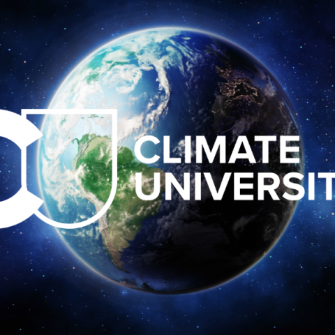 Climate University logo overlapping Earth