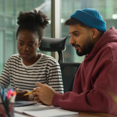 Young entrepreneurs causally dressed sitting by a computer.